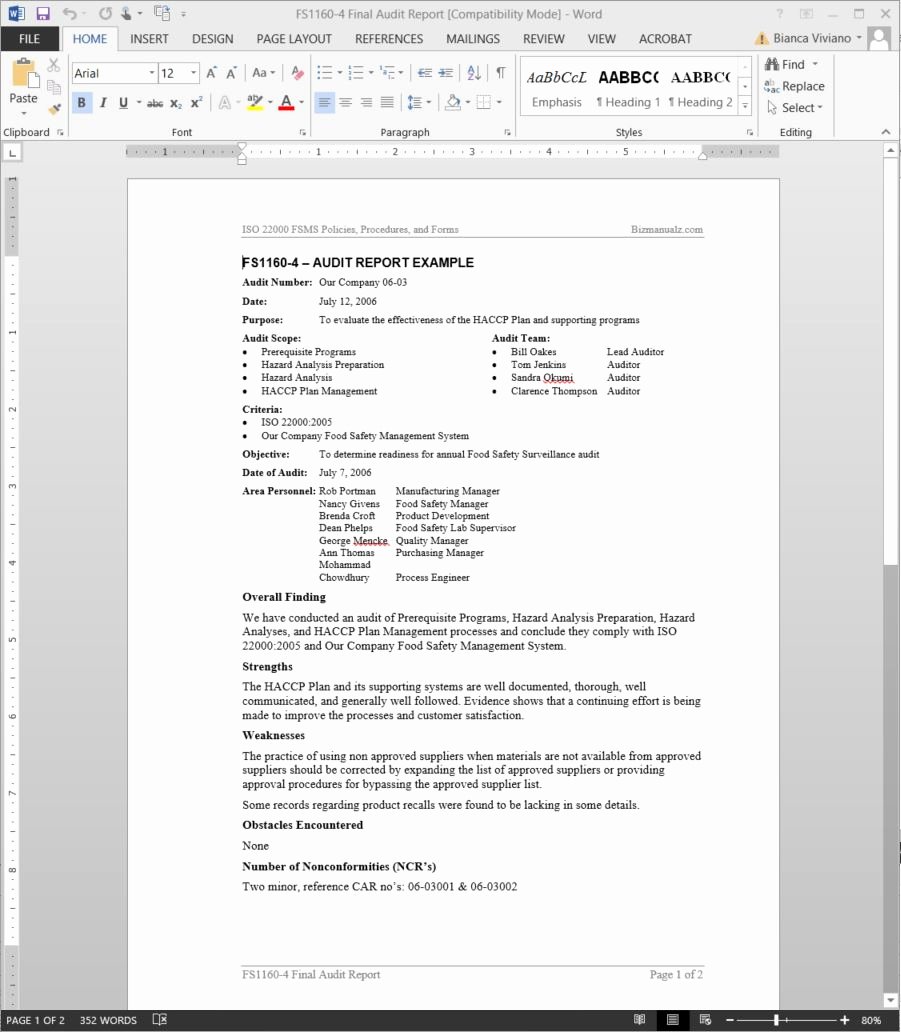 Internal Audit Report Templates Awesome Fsms Audit Report Example Template