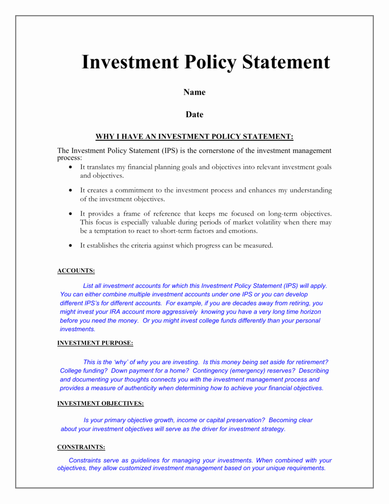 Investment Policy Statement Template Elegant Investment Policy Statement Ips – Sample