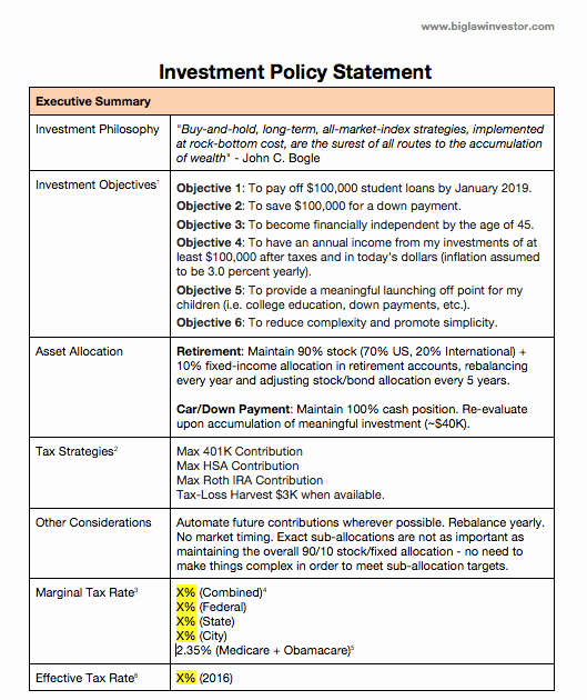 Investment Policy Statement Template New How to Write An Investing Plan – Biglaw Investor