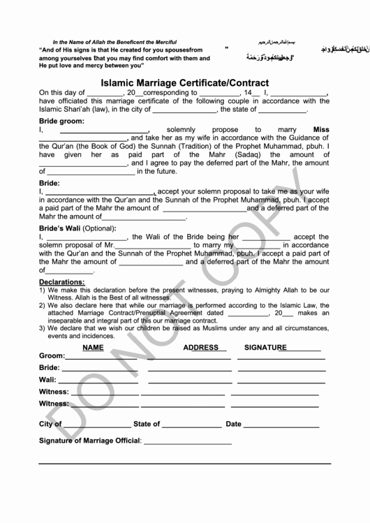 Islamic Marriage Contract Template Luxury islamic Marriage Certificate Contract Printable Pdf