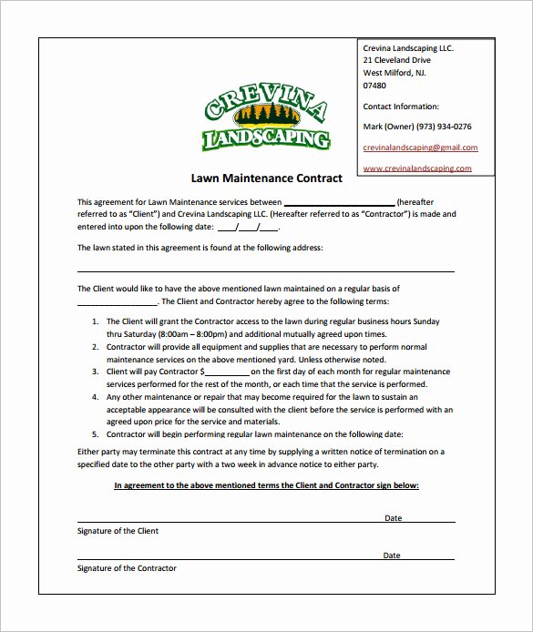 Lawn Care Contract Template Elegant 9 Lawn Service Contract Templates – Free Word Pdf