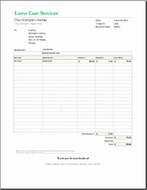 Lawn Care Invoice Template Unique Lawn Care Receipt Template for Excel