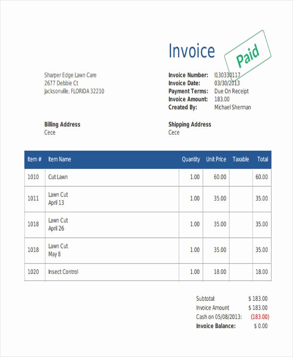 Lawn Care Invoice Templates Unique Free 9 Lawn Care Invoice Samples &amp; Templates In Pdf