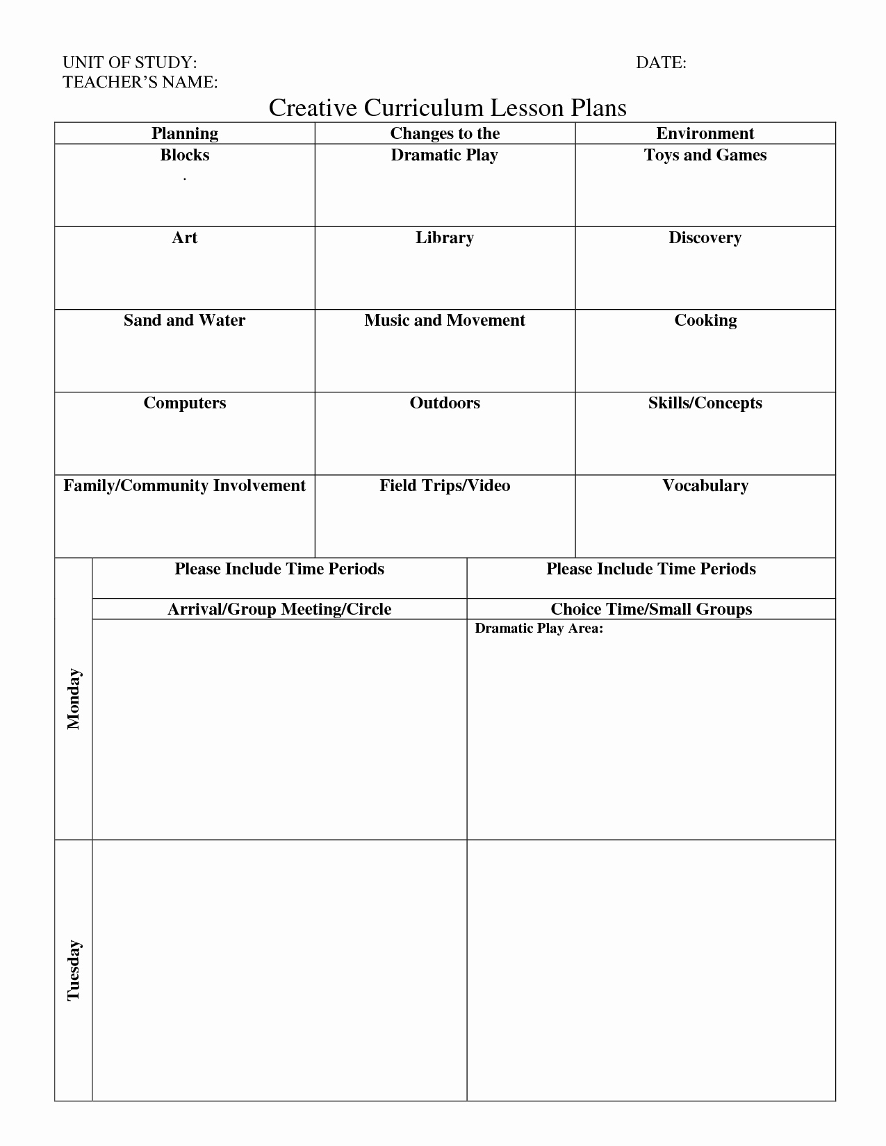 Lesson Plan Template for toddlers Unique Print Creative Curriculum Lesson Plan Bing