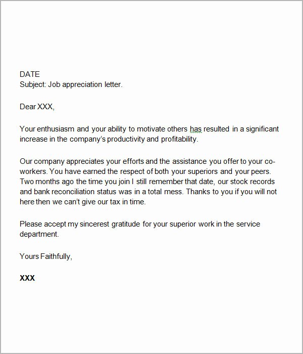 Letter Of Appreciation Template Unique Free 27 Sample Thank You Letters for Appreciation In Pdf