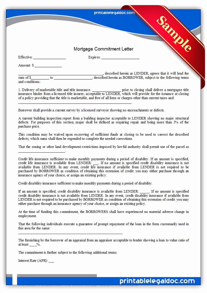 Letter Of Commitment Template Beautiful Free Printable Mortgage Mitment Letter form Generic