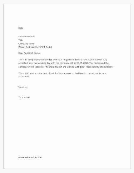 Letter Of Financial Responsibility Template Lovely Resignation Acceptance Letters Samples