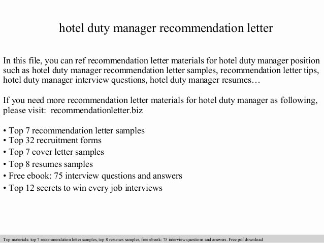 Letter Of Financial Responsibility Template Luxury Hotel Duty Manager Re Mendation Letter