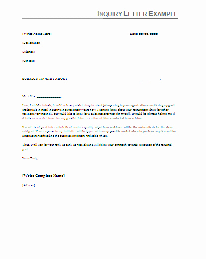 Letter Of Inquiry Template Inspirational Inquiry Letter Samples