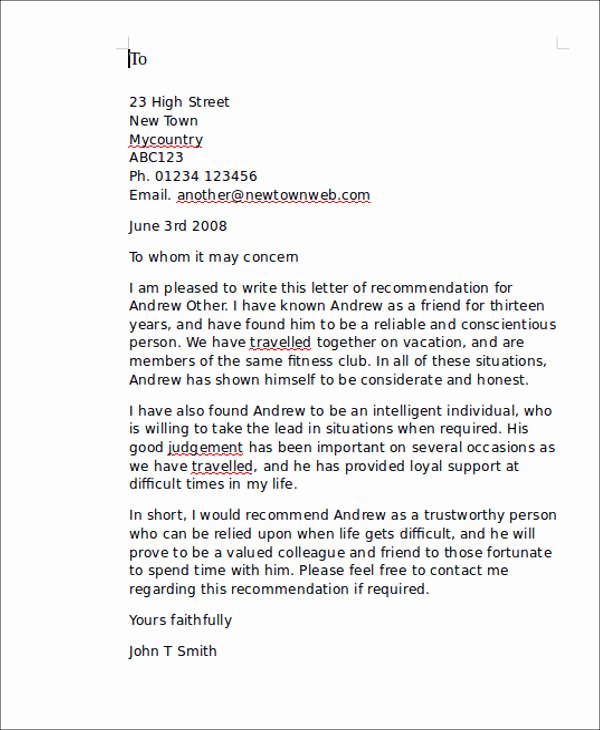 Letter Of Recommendation Template Fresh 7 Sample Personal Re Mendation Letter Free Sample