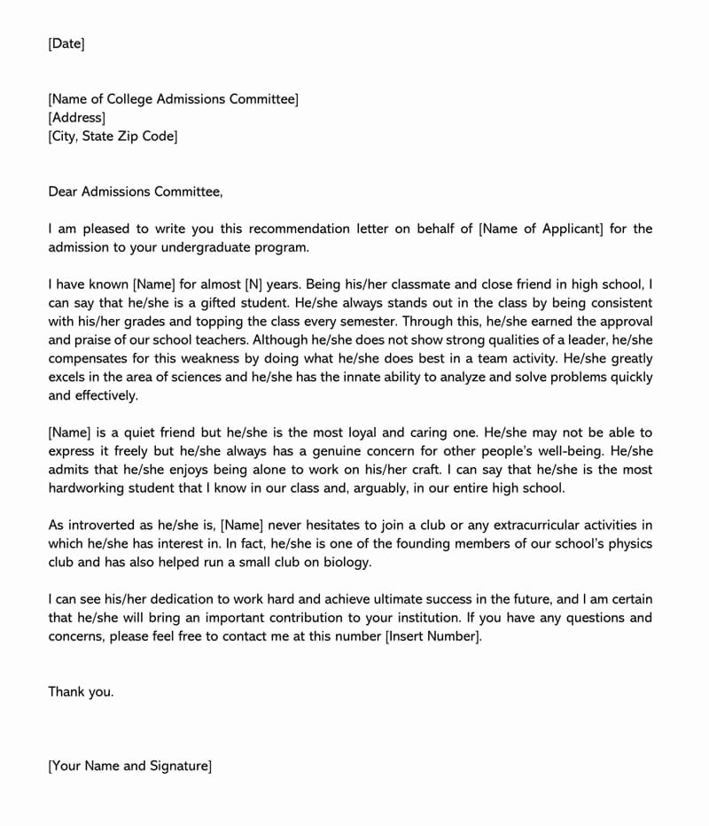 Letter Of Recommendation Template New College Re Mendation Letter 10 Sample Letters &amp; Free