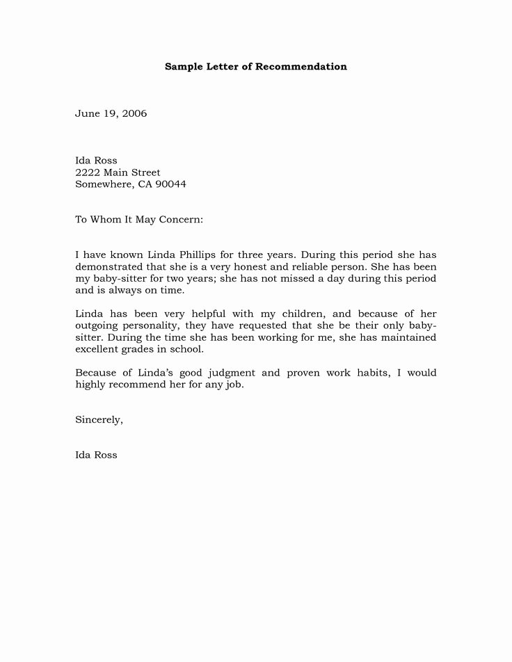 Letter Of Recommendation Template New Sample Re Mendation Letter Example