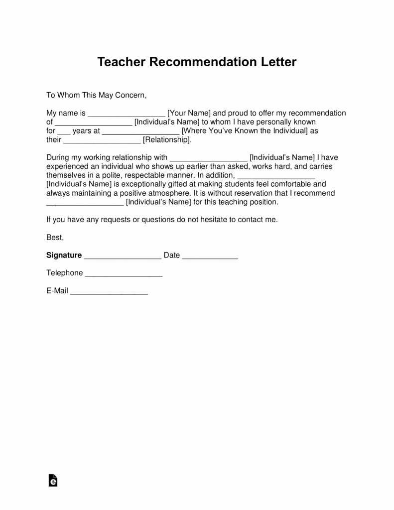 Letter Of Recommendation Template Word Elegant Free Teacher Re Mendation Letter Template with Samples
