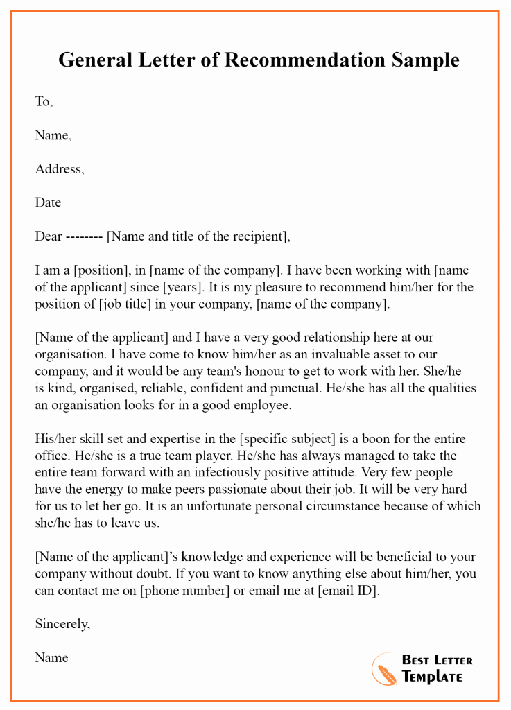 Letter Of Recommendation Template Word Lovely 12 Free Re Mendation Letter – Sample &amp; Example