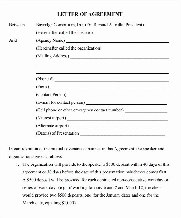 Letters Of Agreement Templates New Sample Letter Of Agreement – 11 Example format