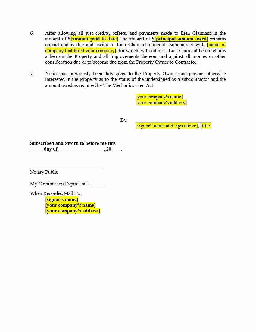 Lien Release Letter Template New Subcontractor Filing A Lien form