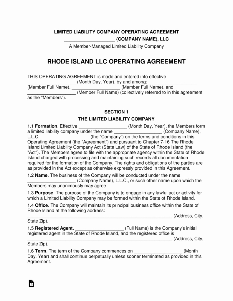 Llc Operating Agreement Template Pdf Inspirational Rhode island Multi Member Llc Operating Agreement form
