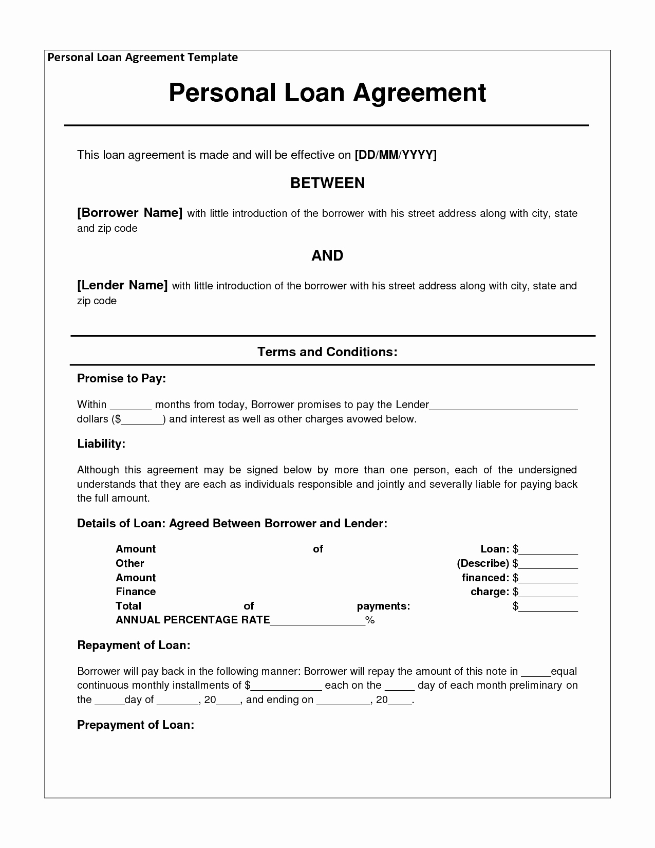 Loan Contract Template Word Elegant Download Personal Loan Agreement form for Free Try