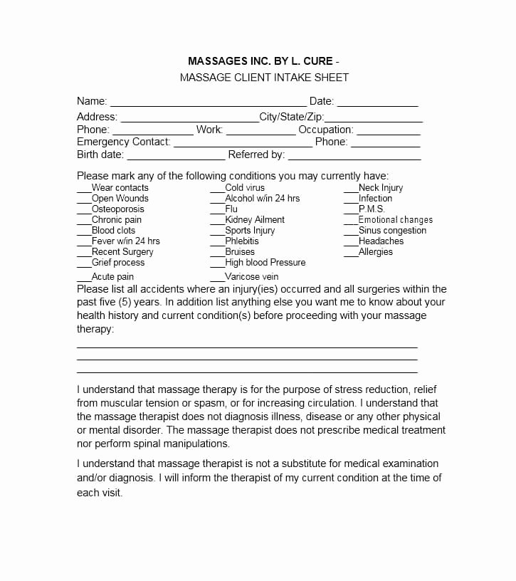 Massage Intake form Template Awesome 59 Best Massage Intake forms for Any Client Printable
