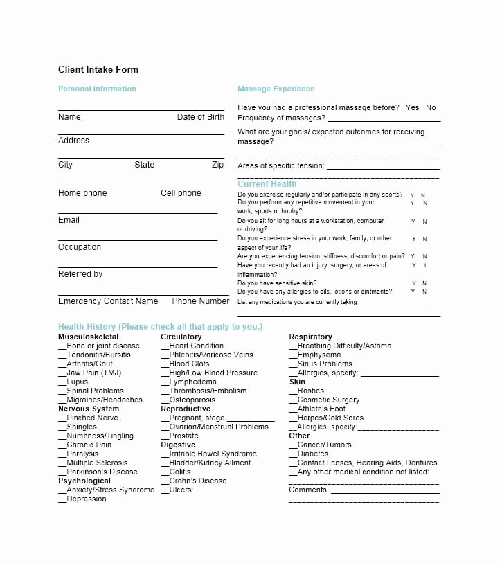 Massage Intake form Template Awesome 59 Best Massage Intake forms for Any Client Printable