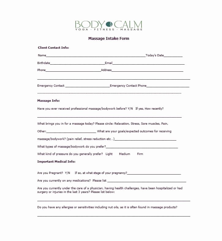Massage Intake form Template Elegant 59 Best Massage Intake forms for Any Client Printable