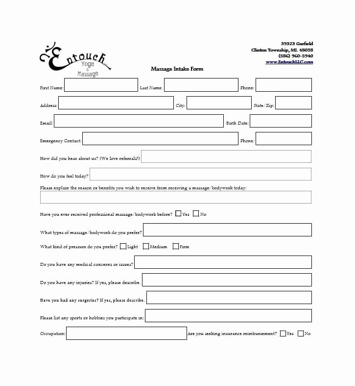 Massage Intake form Template New 59 Best Massage Intake forms for Any Client Printable