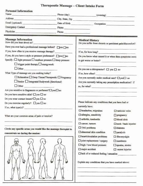 Massage Intake form Template New Free Printable Massage Intake forms