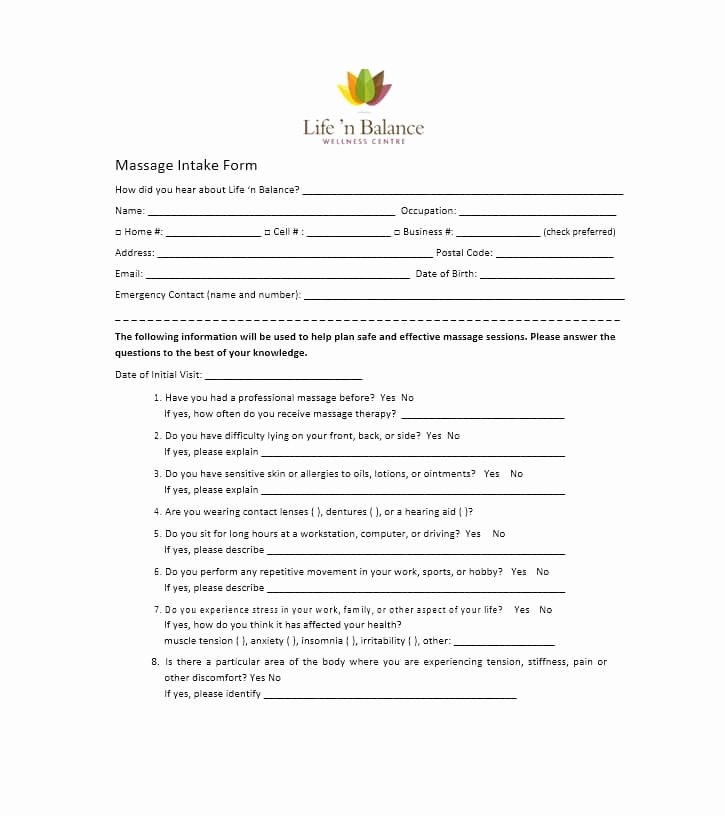 Massage Intake form Templates Awesome 59 Best Massage Intake forms for Any Client Printable