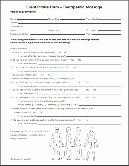 Massage Intake form Templates Awesome Massage Client Intake forms Pdf Ms Word