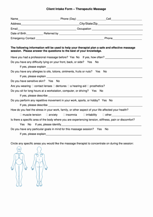Massage Intake form Templates Fresh therapeutic Massage Client Intake form Printable Pdf