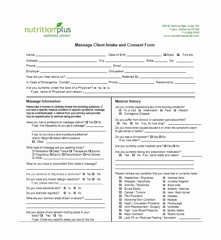 Massage Intake form Templates Lovely 59 Best Massage Intake forms for Any Client Printable