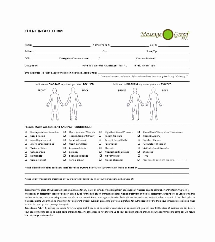Massage Intake form Templates Lovely 59 Best Massage Intake forms for Any Client Printable