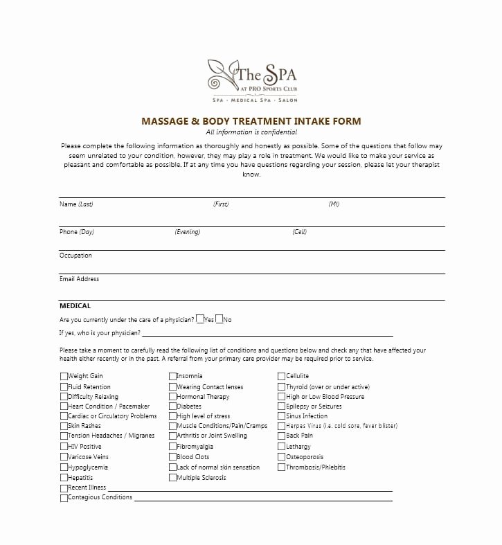 Massage Intake form Templates Unique 59 Best Massage Intake forms for Any Client Printable