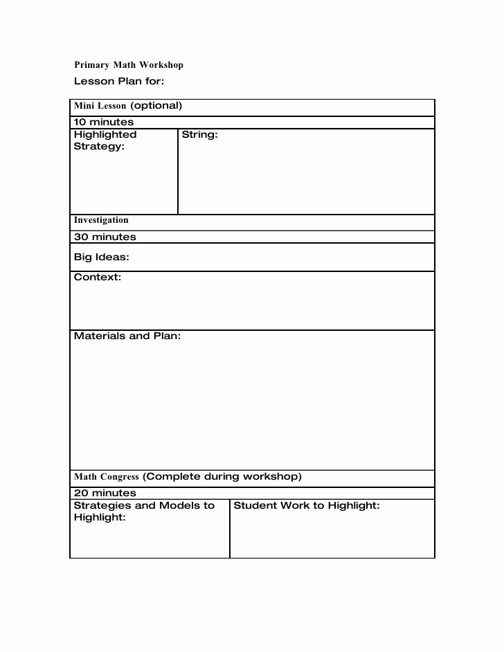 Math Lesson Plan Template New Primary Math Workshop Lesson Plan