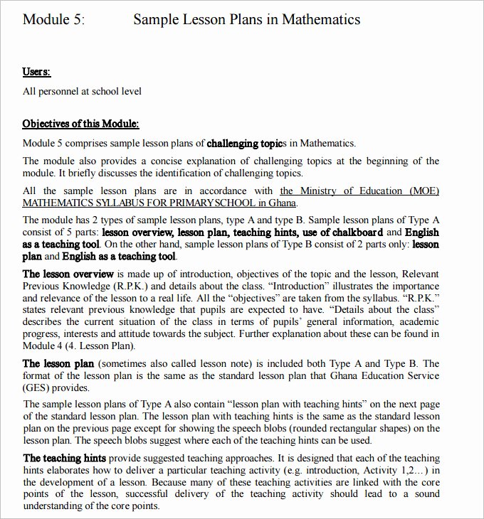 Math Lesson Plan Template Unique 5 Math Lesson Plan Template Free Sample Example format