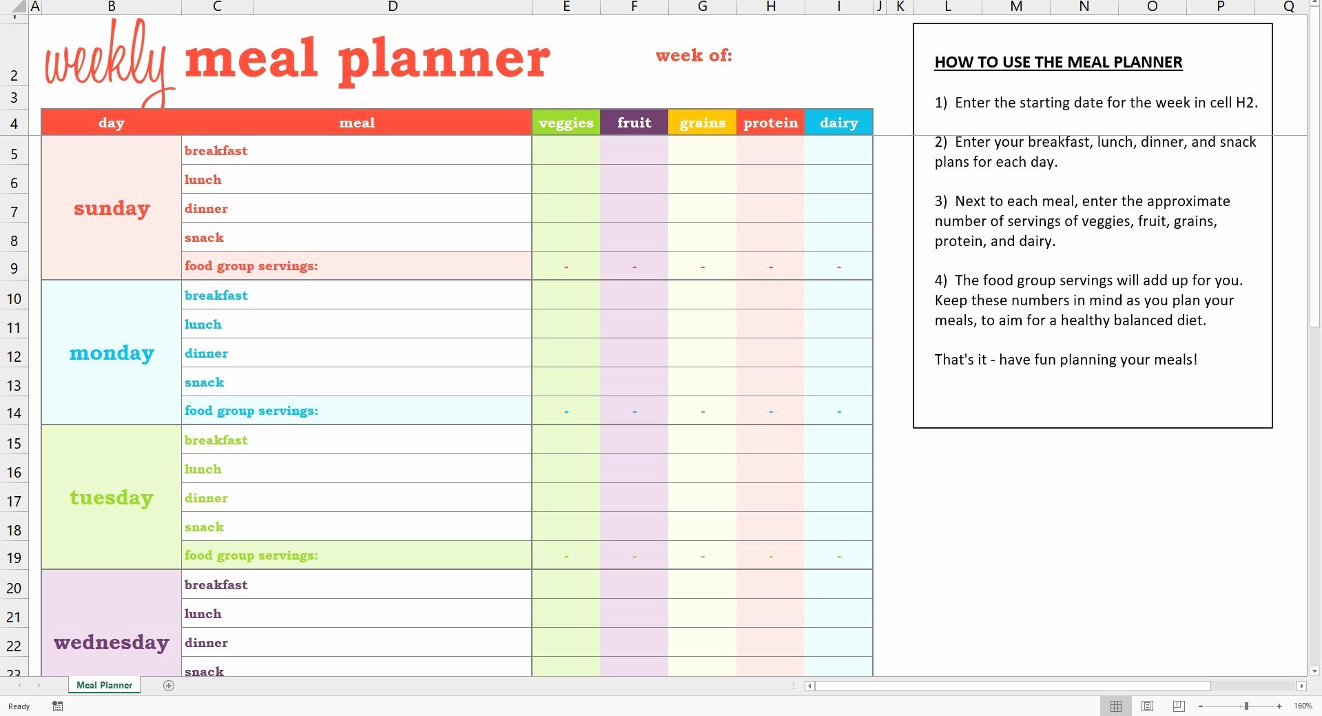 Meal Plan Template Excel Unique Weekly Meal Planner Excel Template – Savvy Spreadsheets