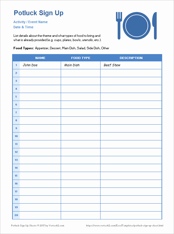 Meal Sign Up Sheet Template Elegant Potluck Sign Up Sheets for Excel and Google Sheets