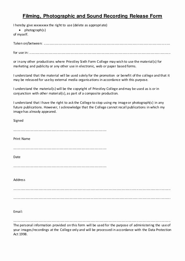 Media Release forms Template Best Of Model Release form