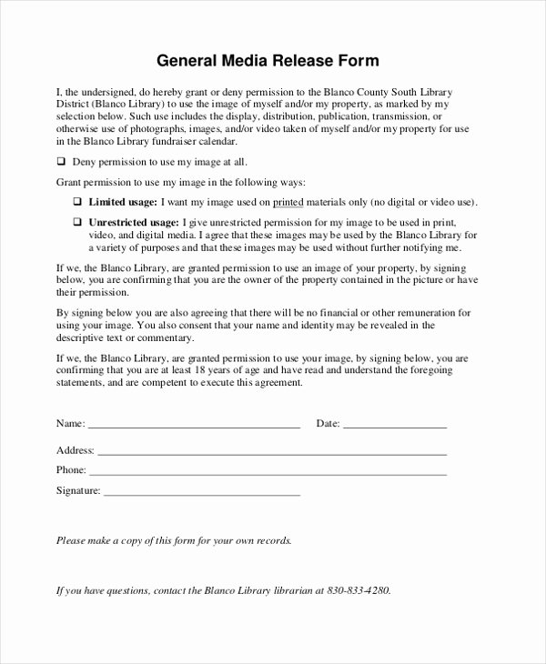 Media Release forms Template Lovely Sample Media Release form 10 Free Documents In Pdf