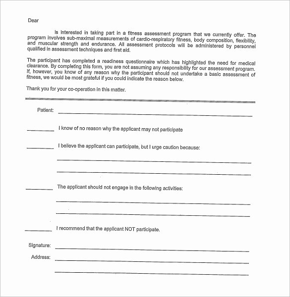 Medical Clearance Letter Template Luxury Medical Clearance form 12 Free Samples Examples format