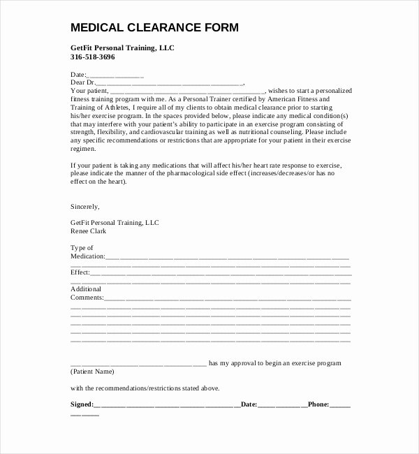 Medical Clearance Letter Template New Free 27 Sample Medical Clearance forms
