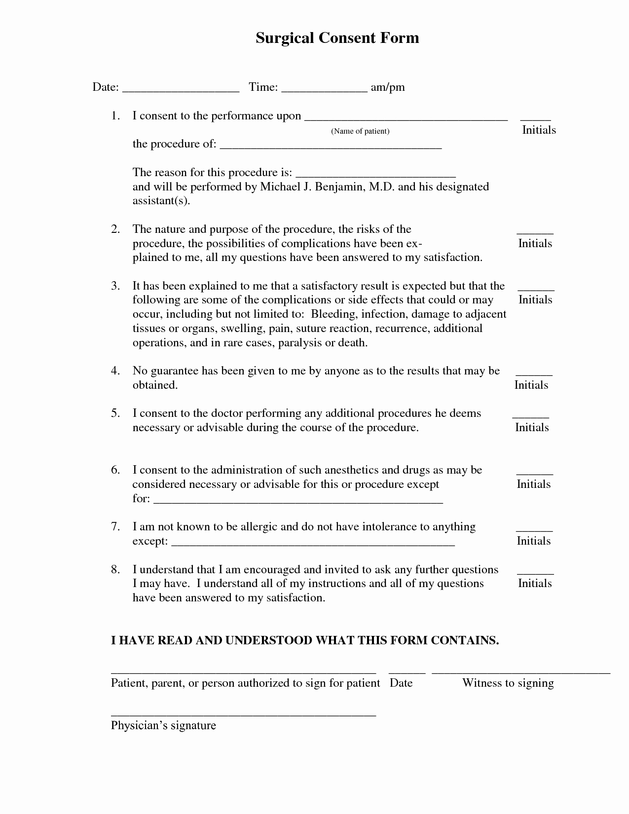 Medical Consent forms Templates Beautiful Surgical Consent form Template Consent form