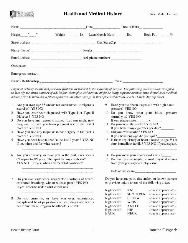 Medical History form Templates New Nj Shore Fit Health History forms