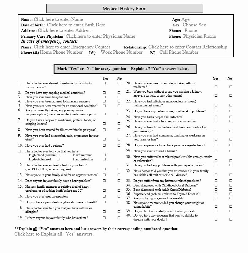 Medical History form Templates Unique Medical History form Evaluation forms