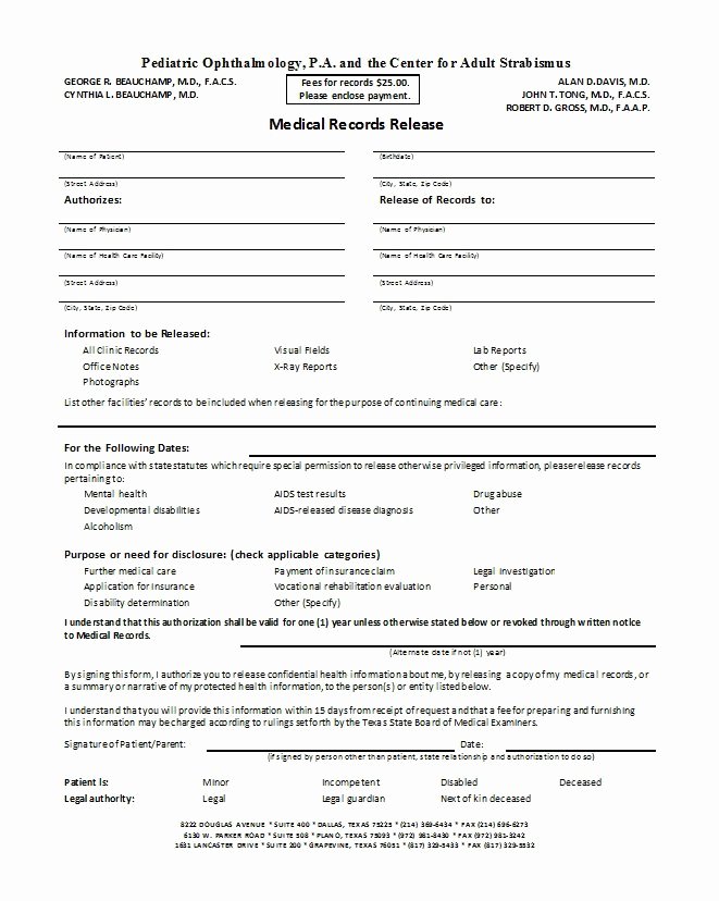 Medical Records forms Template Inspirational 30 Medical Release form Templates Free Template Downloads
