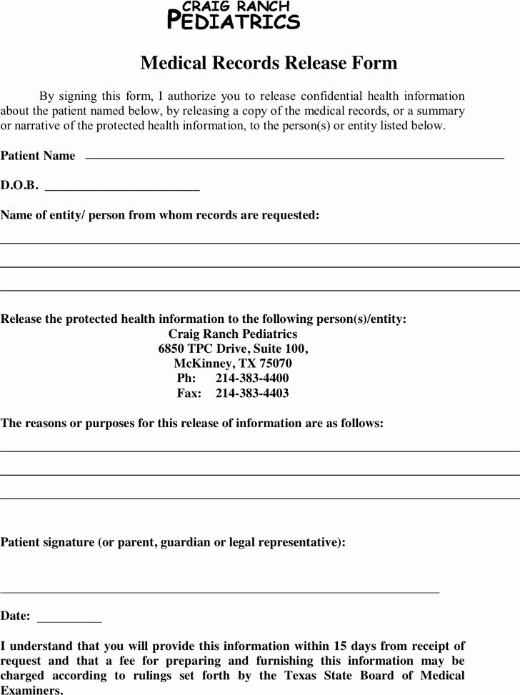 Medical Records forms Template New Texas Medical Records Release form