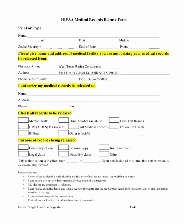 Medical Records Request form Template Elegant Free 10 Sample Hipaa Release forms
