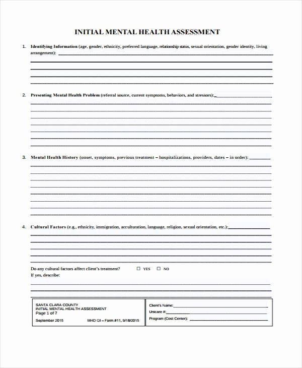 Mental Health assessment Templates Unique Free 27 Sample assessment form Examples In Example