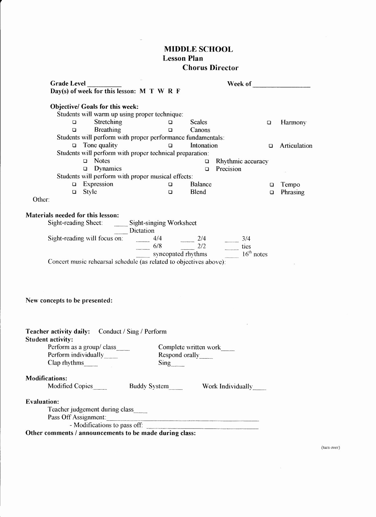 Middle School Lesson Plan Template Awesome Lesson Plan Template – Middle School Chorus