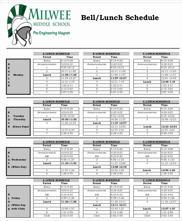 Middle School Schedule Template Fresh 14 Lunch Schedule Samples and Templates Pdf Word
